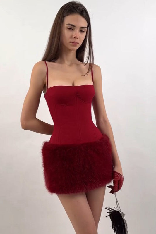 Corset Spaghetti Strap Feather Trim Mini Party Dress