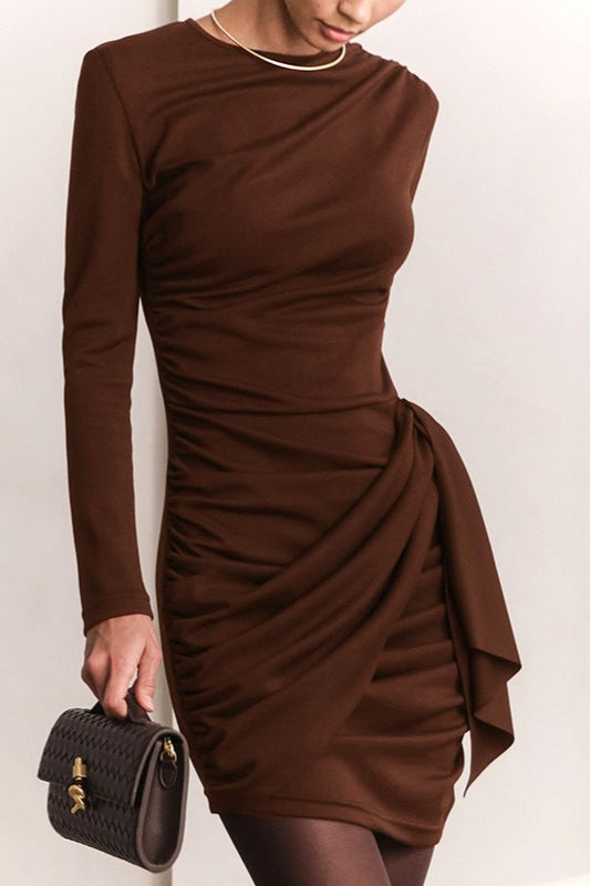 High Neck Long Sleeve Ruched Draped Bodycon Mini Dress