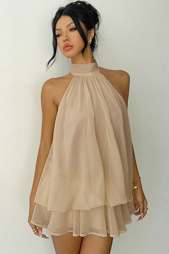 Chiffon Halter Neck Tiered A-Line Mini Dress