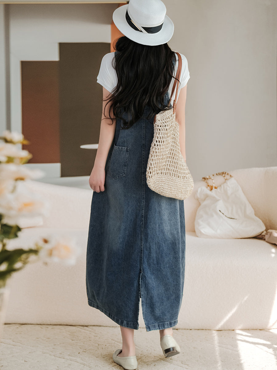Denim Bib Front Overall Strap Pocket A-Line Maxi Jumper Dress