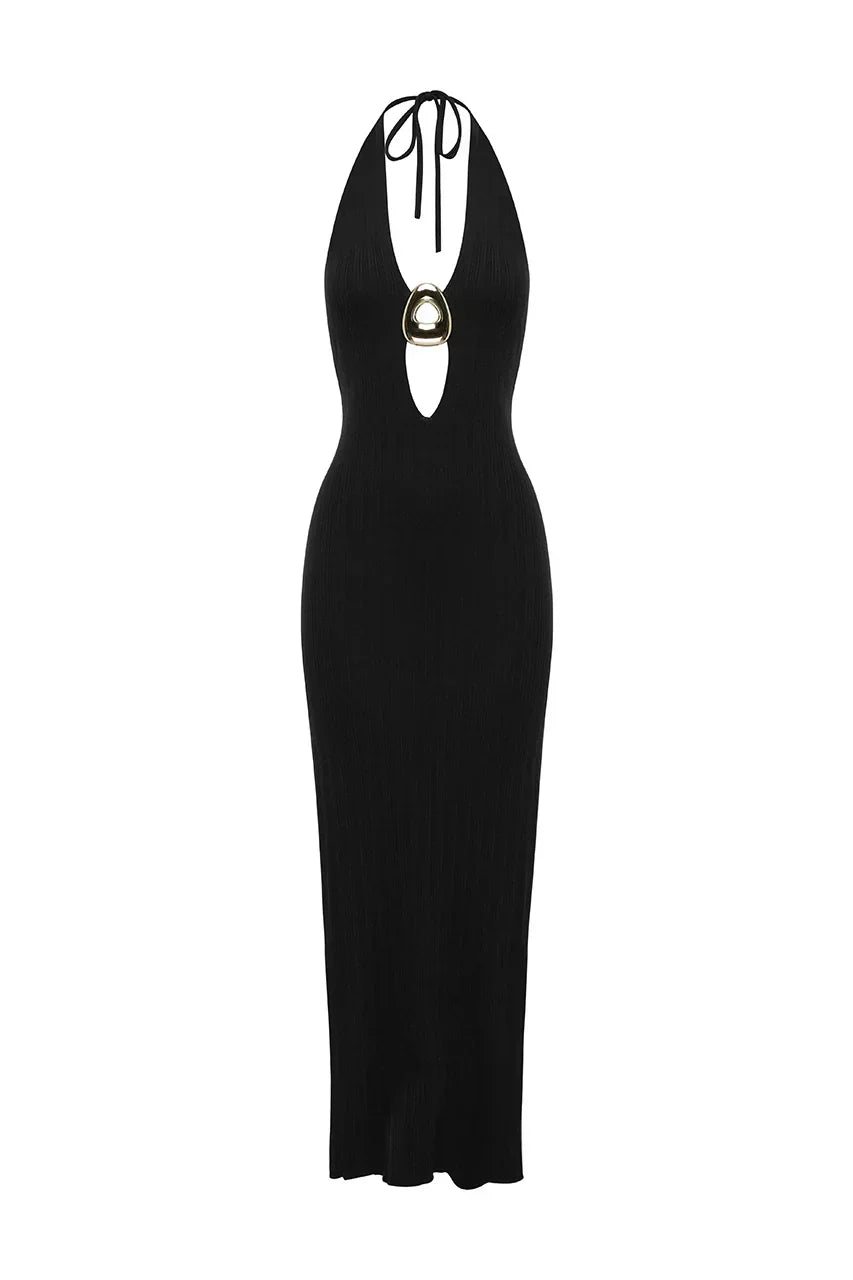 LILABELLE HALTER KNIT MAXI DRESS - BLACK