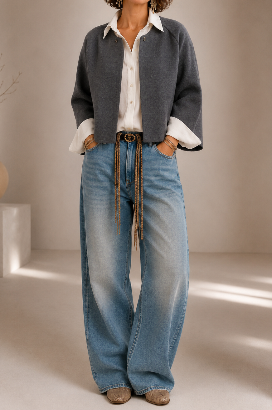 Collared Button Front Textured Knit Cropped Jacket
