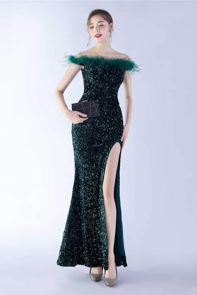 Sequin Off Shoulder Feather Trim High Split Mermaid Gown
