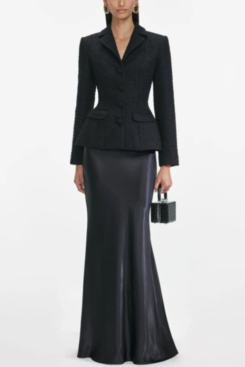 Tweed Peplum Blazer and Satin Mermaid Maxi Skirt Two Piece Set