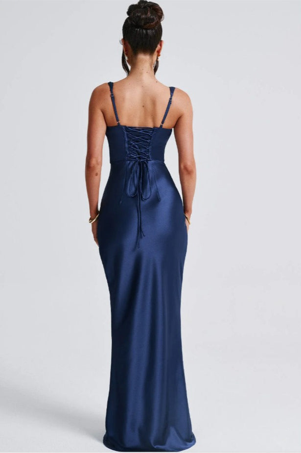 Satin Corset Deep V-Neck Pleated Bust Wide Strap Bodycon Maxi Gown