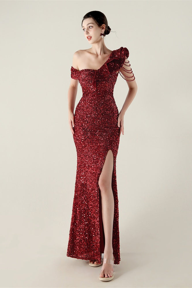 Sequin One Shoulder Ruffle High Split Mermaid Gown