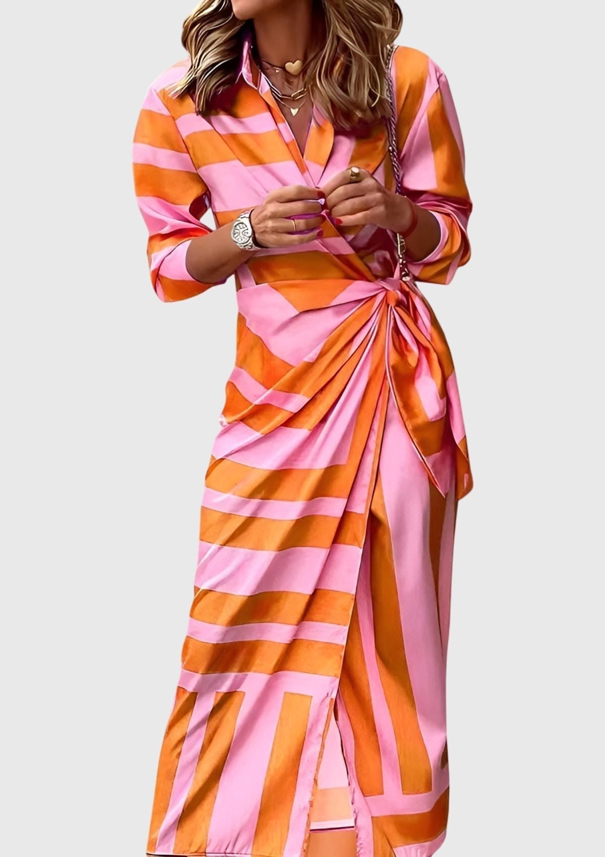 Geometric Print Collared Long Sleeve Wrap Tie Midi Dress 3