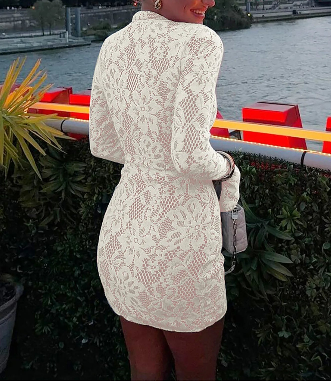 Lace Patchwork Button Flare Mini Dress in WHITE - View 2