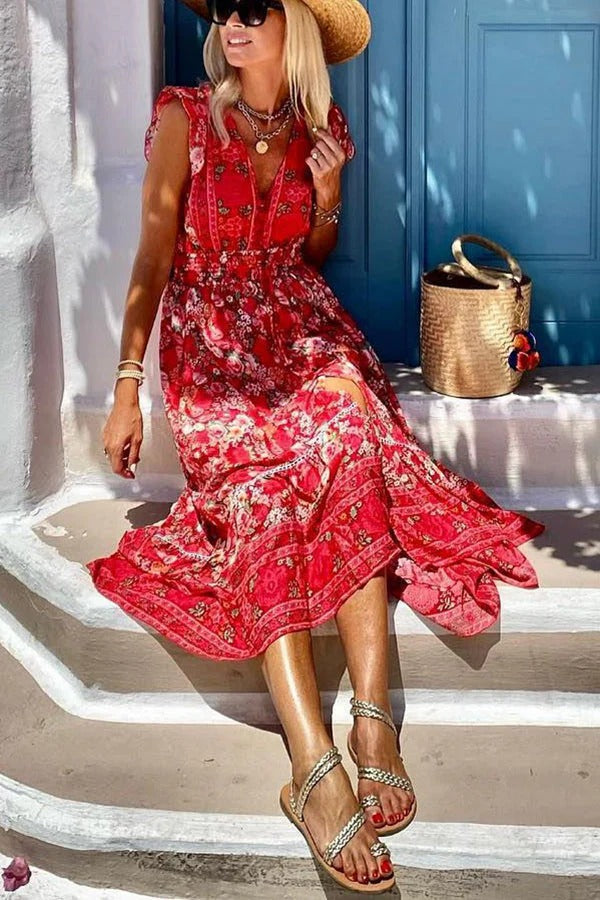 Boutique Oriana Summer in Greece Boho Print, Ruffle Sleeves, Elastic Waist, High Low Midi Dress Premium Wardrobe Essential