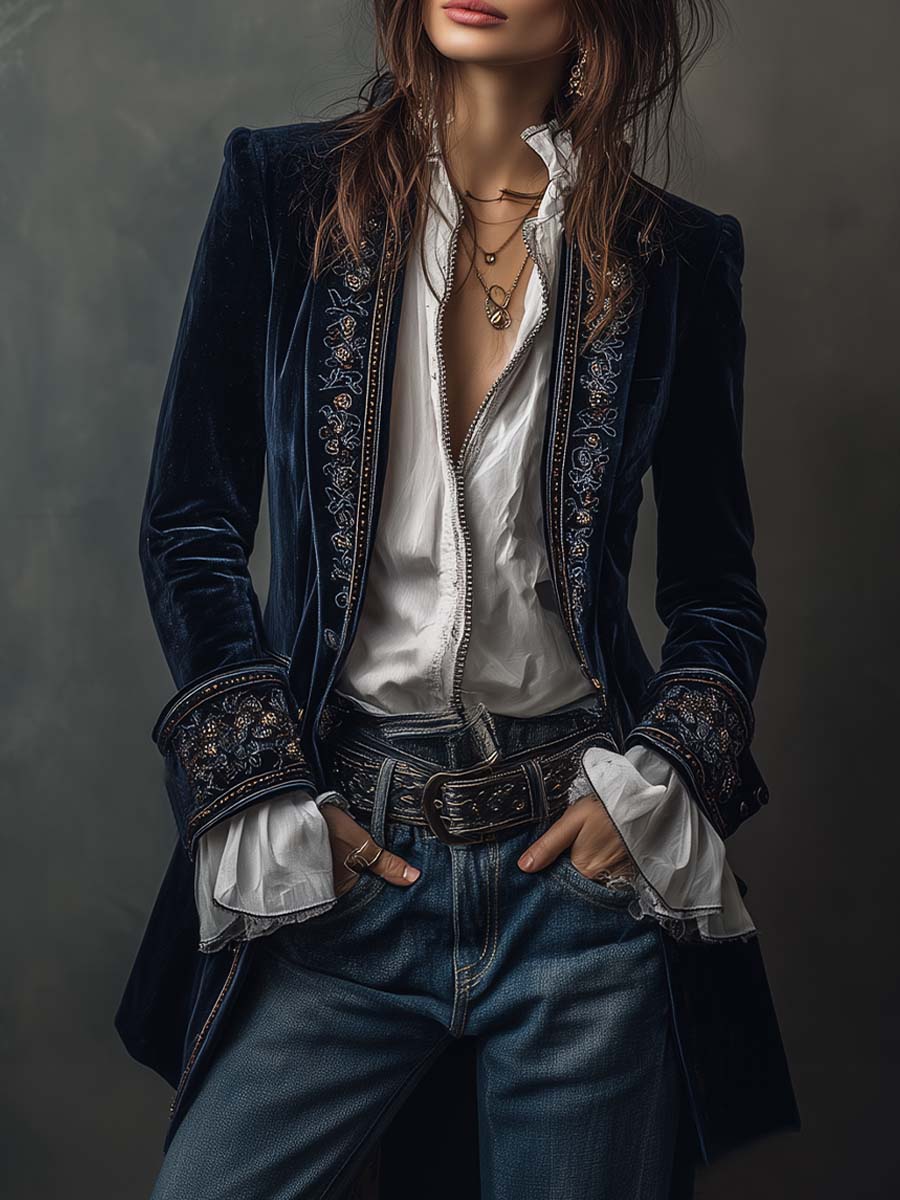 Embroidered Velvet Longline Blazer