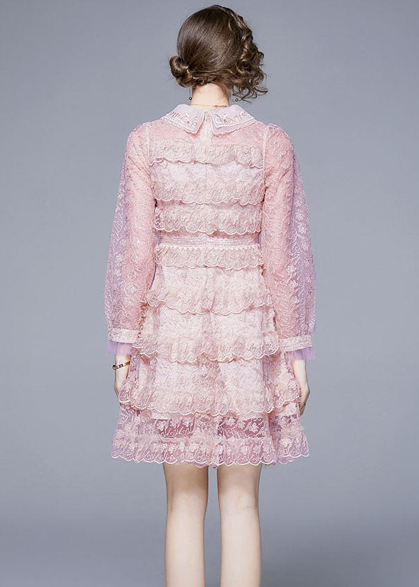 Lace Peter Pan Collar Button Front Tiered Ruffle Mini Dress