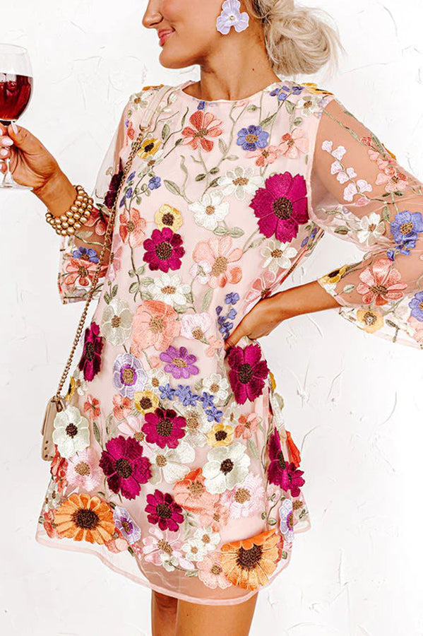 Floral Embroidered Half Sleeve Mini Dress