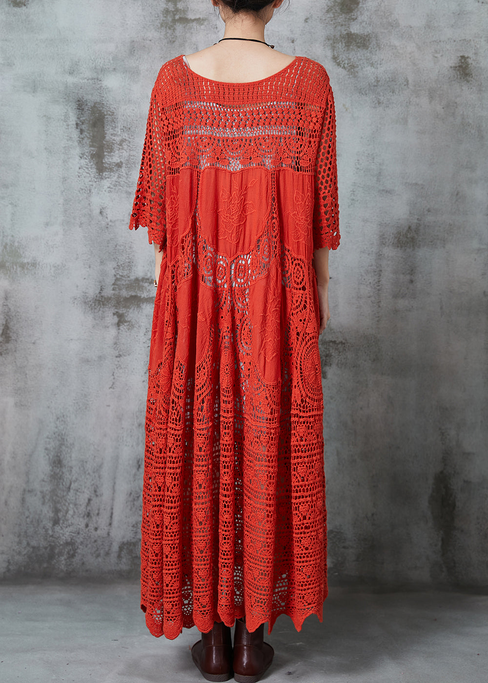Crochet Lace Embroidered Floral Three Quarter Bell Sleeve Lace Panel Maxi Dress
