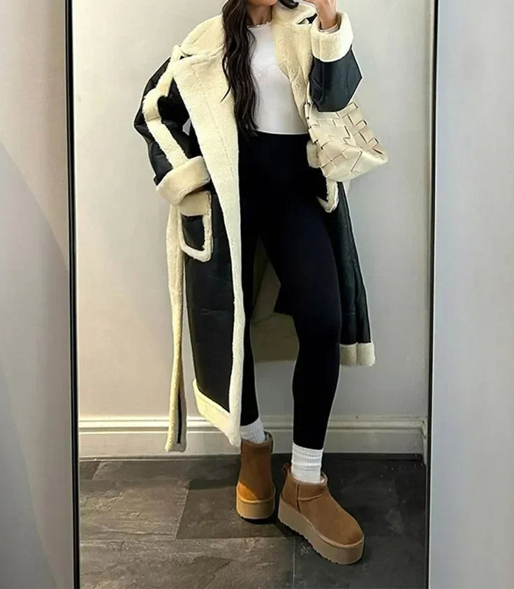 Faux Shearling Trim Faux Leather Belted Longline Coat 2