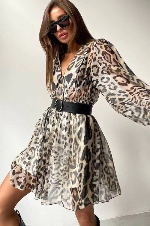 Chiffon Leopard Print Peter Pan Collar Mini Dress - View 3