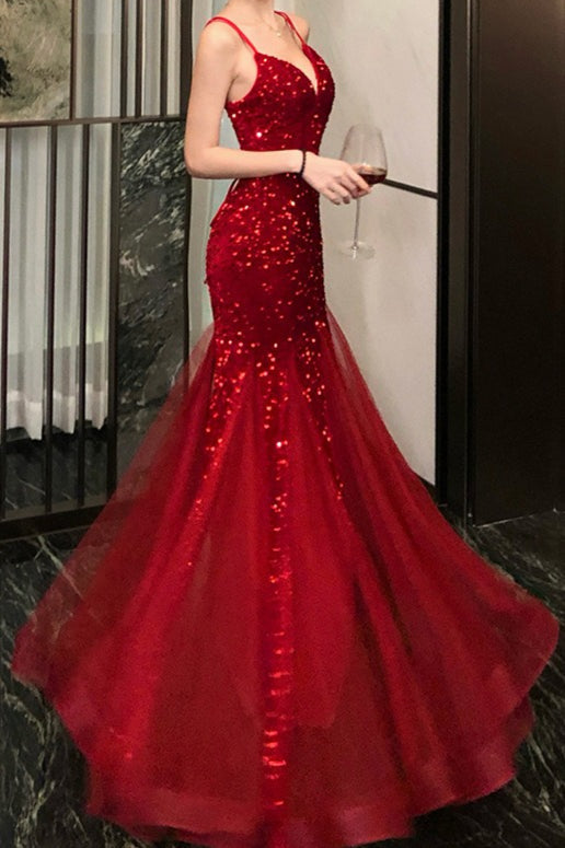 Sequin Sweetheart Spaghetti Strap Tulle Mermaid Maxi Gown