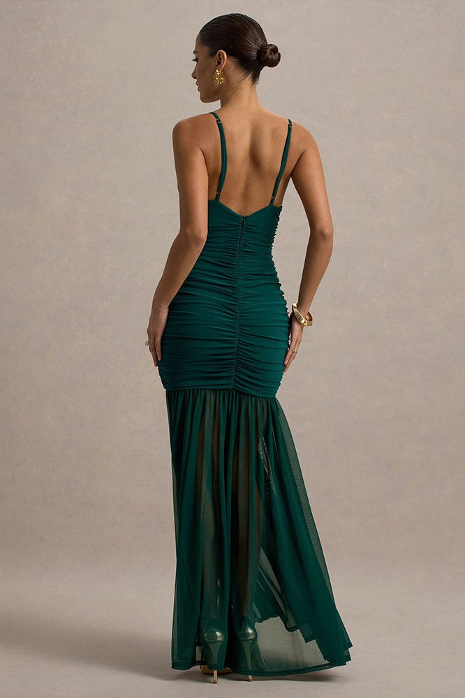 Satin Spaghetti Strap Plunge Ruched Maxi Dress