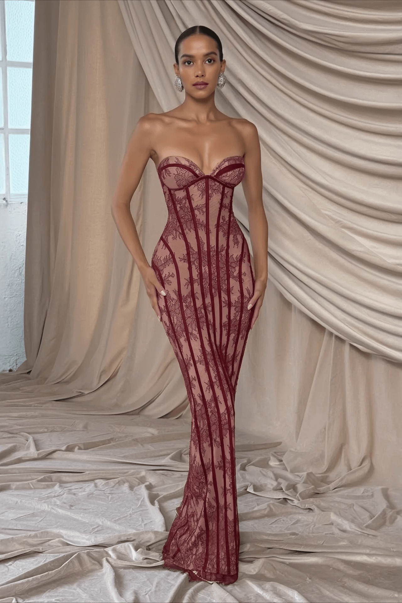 Lace Splice Tube Backless Maxi Slim Bodycon Dress