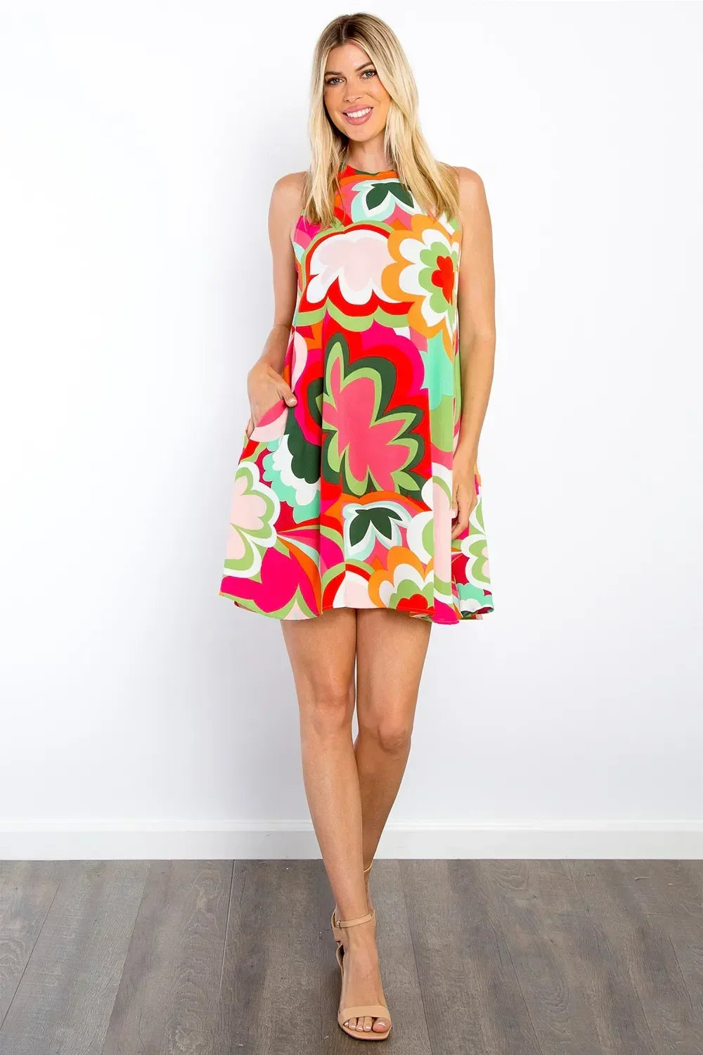 Abstract Floral Print Sleeveless Swing Mini Dress with Pockets