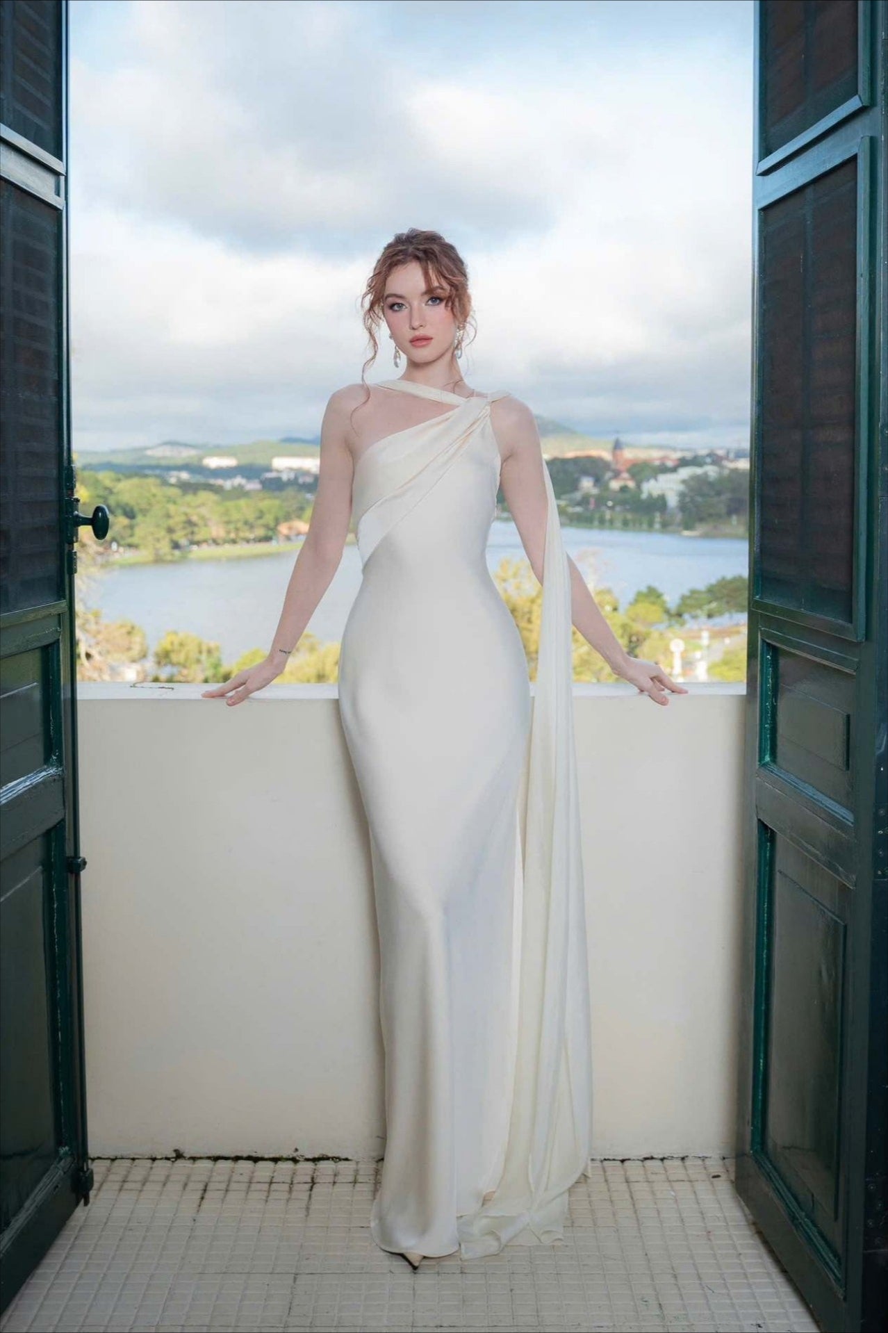 Satin One Shoulder Draped Cape Sheath Gown