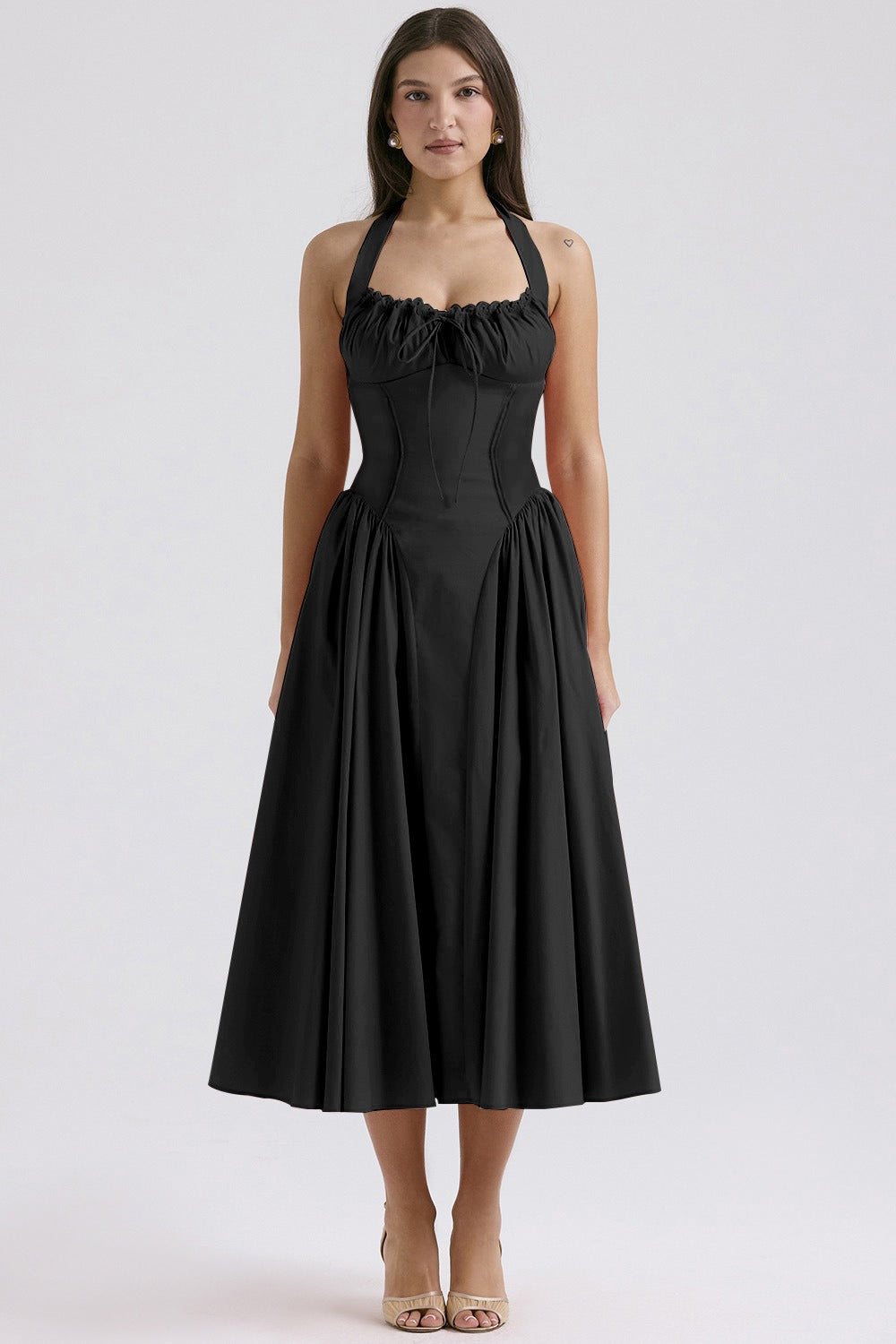 Halter Neck Ruched Corset Fit and Flare Midi Dress