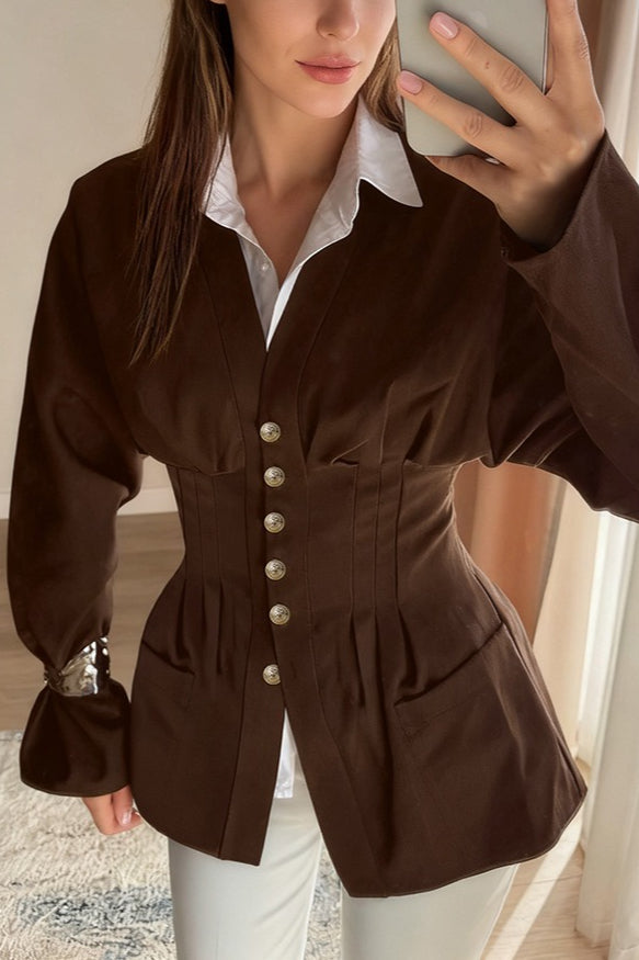 V-Neck Dolman Sleeve Pintuck Waist Button Front Pocket Jacket 3