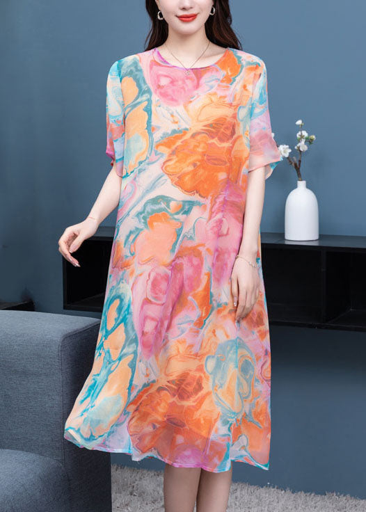 Abstract Marble Print Round Neck Butterfly Sleeve Chiffon Shift Midi Dress
