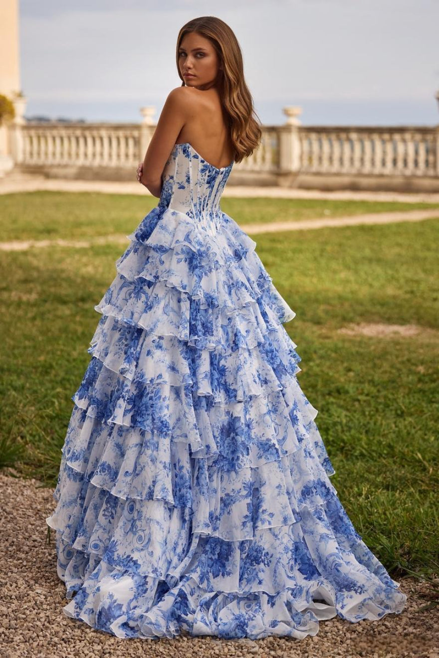Floral Strapless Sweetheart Corset Tiered Ruffle High Split Gown