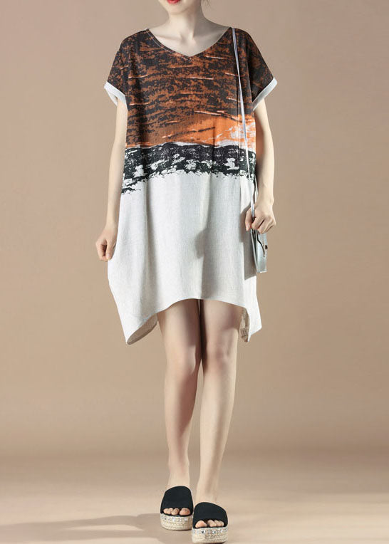 Colorblock Patchwork V-Neck Short Sleeve Asymmetric Hem Midi Dress