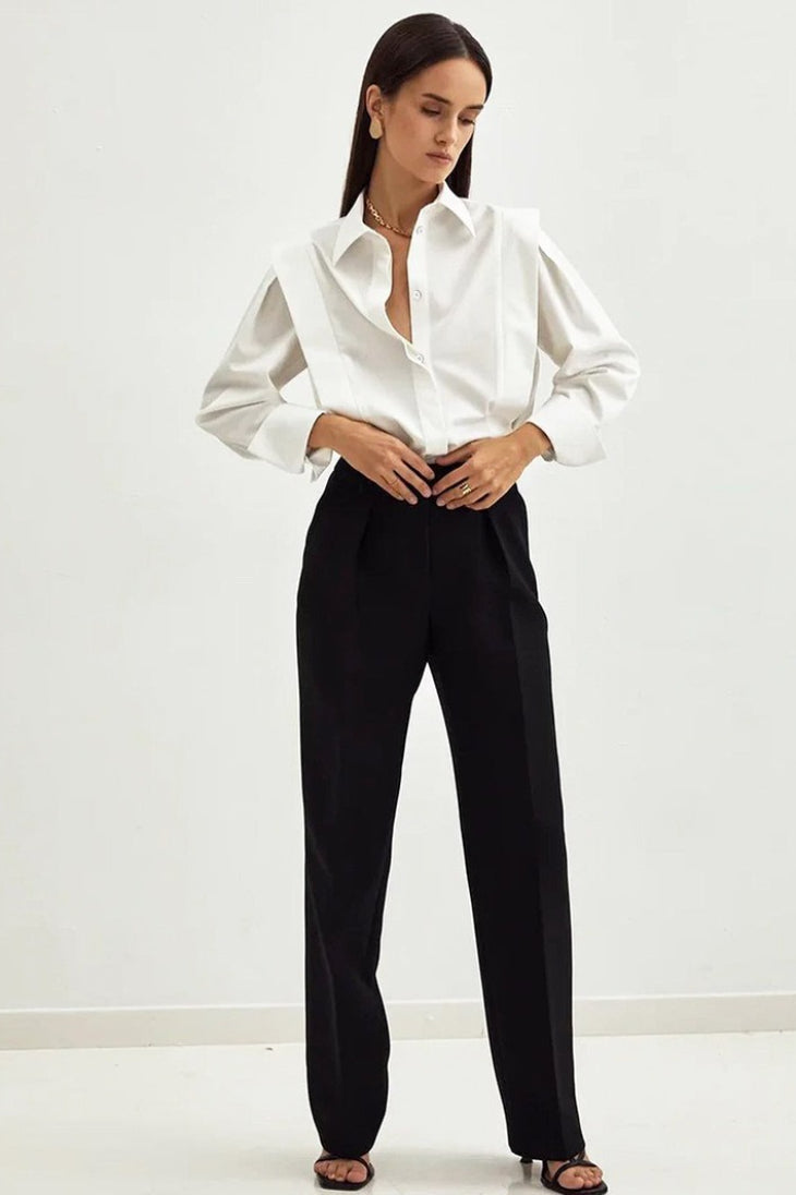 Pleated Shoulder Panel Collared Button Front Long Sleeve Shirt 3