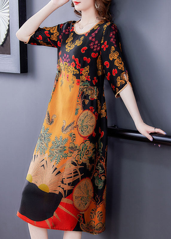 Ethnic Graphic Print Round Neck Elbow Sleeve Contrast Trim Midi Shift Dress