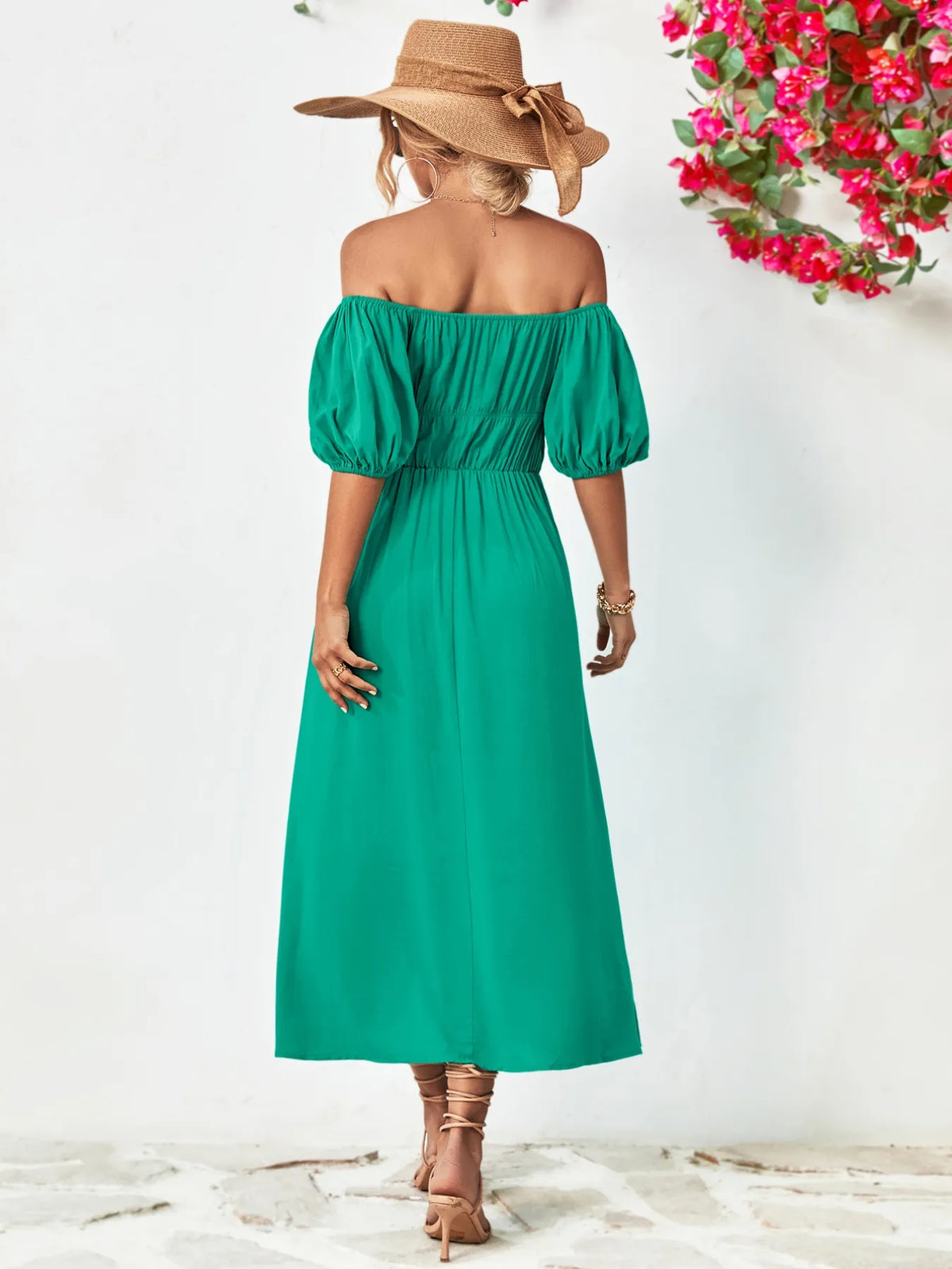 Off-Shoulder Puff Sleeve Smocked Maxi Dress