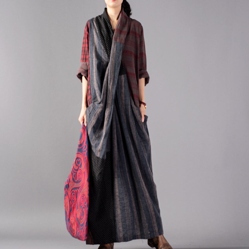 Plaid Patchwork V-Neck Asymmetric Drape Pocket Kaftan Maxi Dress