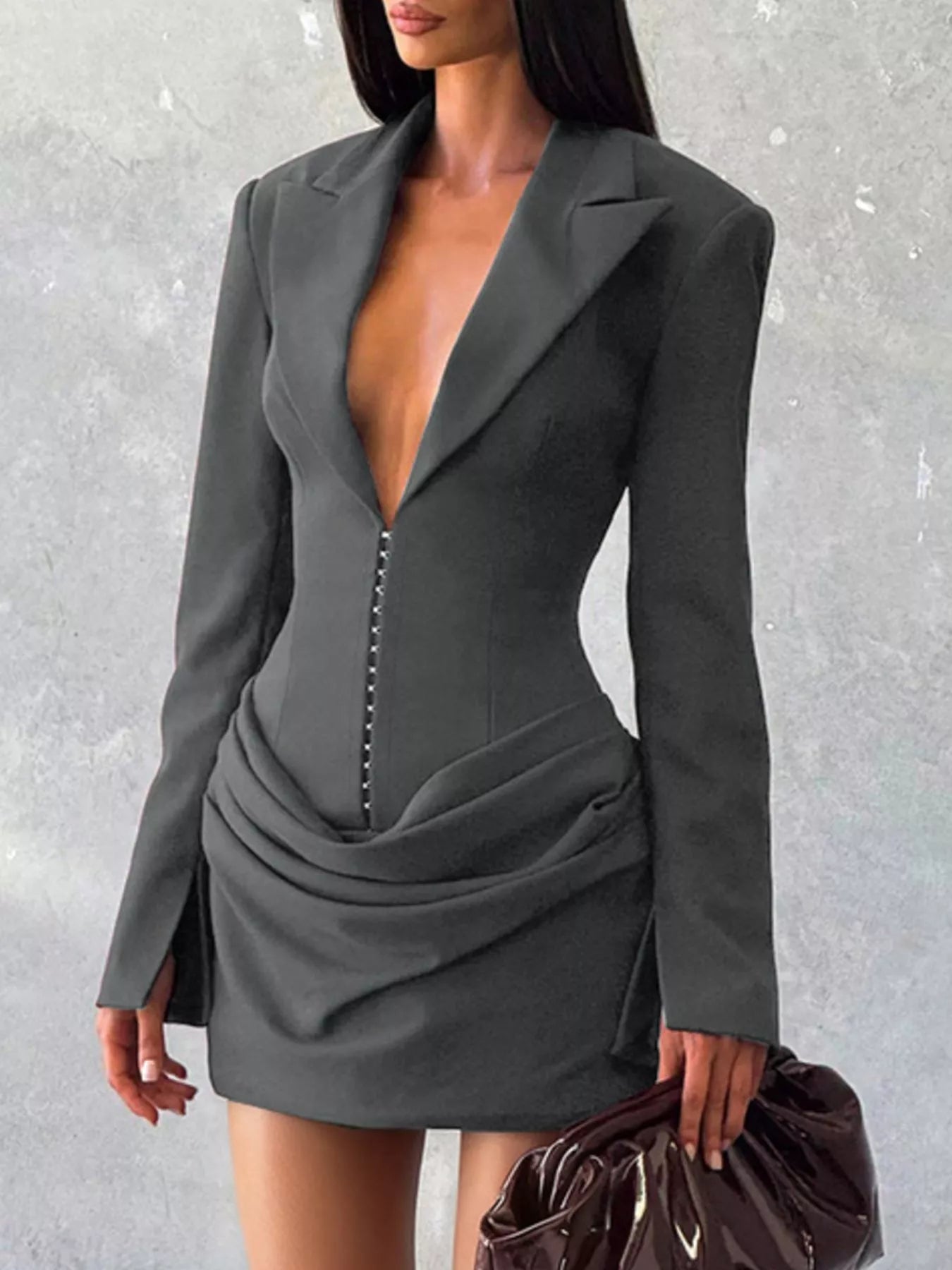 Full Size Blazer-Style Long Sleeve Mini Dress Plus Size Dark Gray