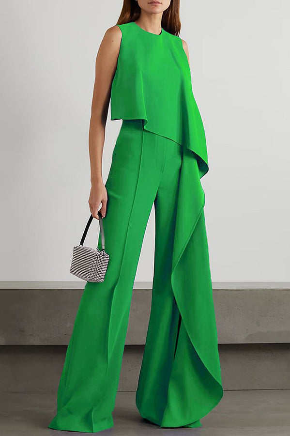 Crew Neck Sleeveless Ruffle Wide Leg Jumpsuit