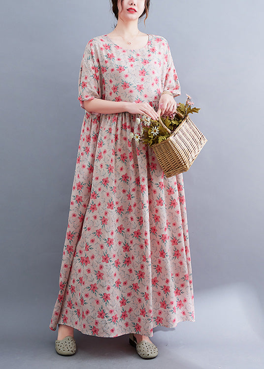 Floral Print Round Neck Short Puff Sleeve Empire Waist Pocket Maxi Dress