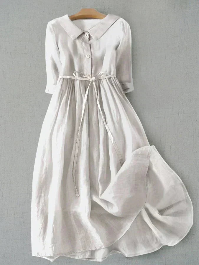 Collared Button Down Three Quarter Sleeve Tie Waist Gathered Woven Maxi Shirt Dress