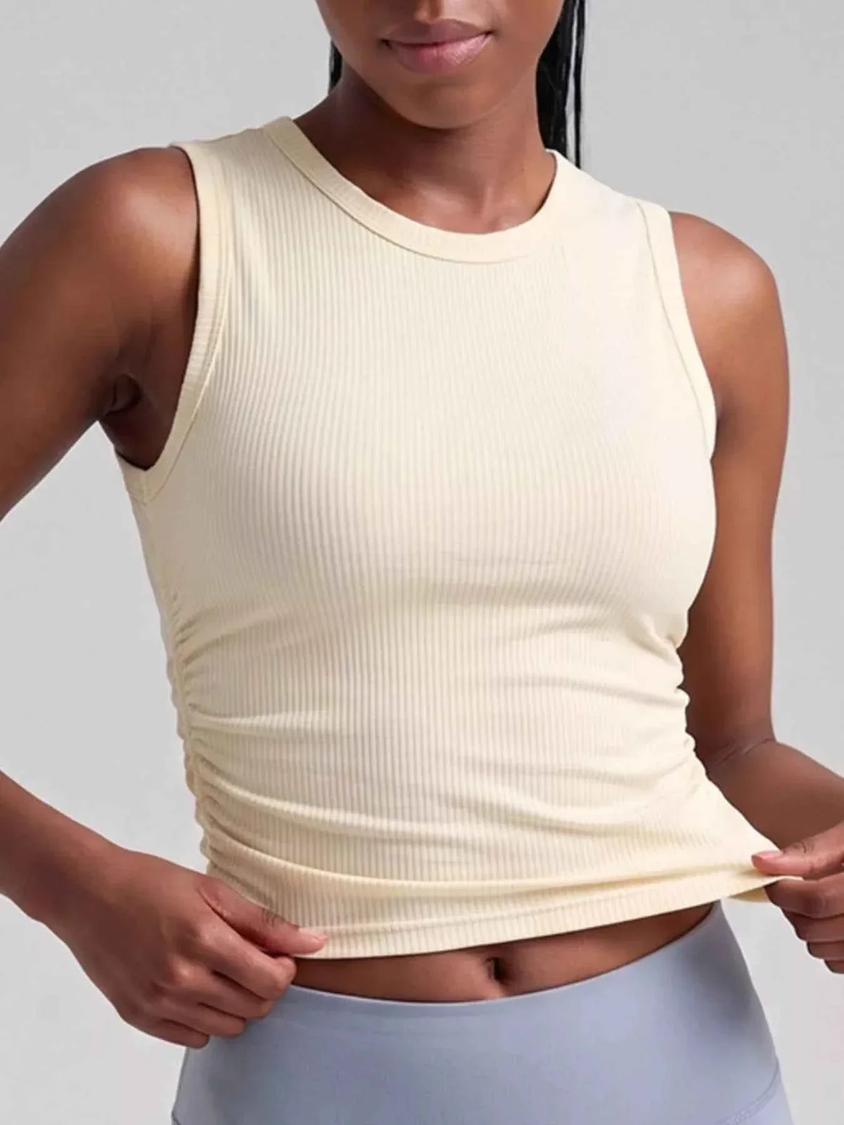 Ribbed Knit Crew Neck Sleeveless Side Ruched Active Tank Top 2