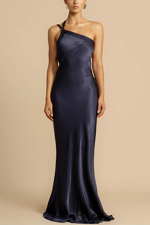 Satin One Shoulder Bias Cut Mermaid Formal Gown - View 6