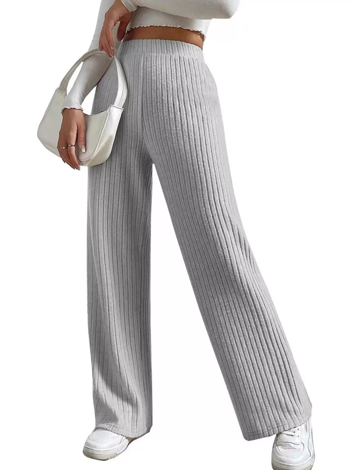 High Waist Ribbed Knit Elastic Waist Wide Leg Pants 7