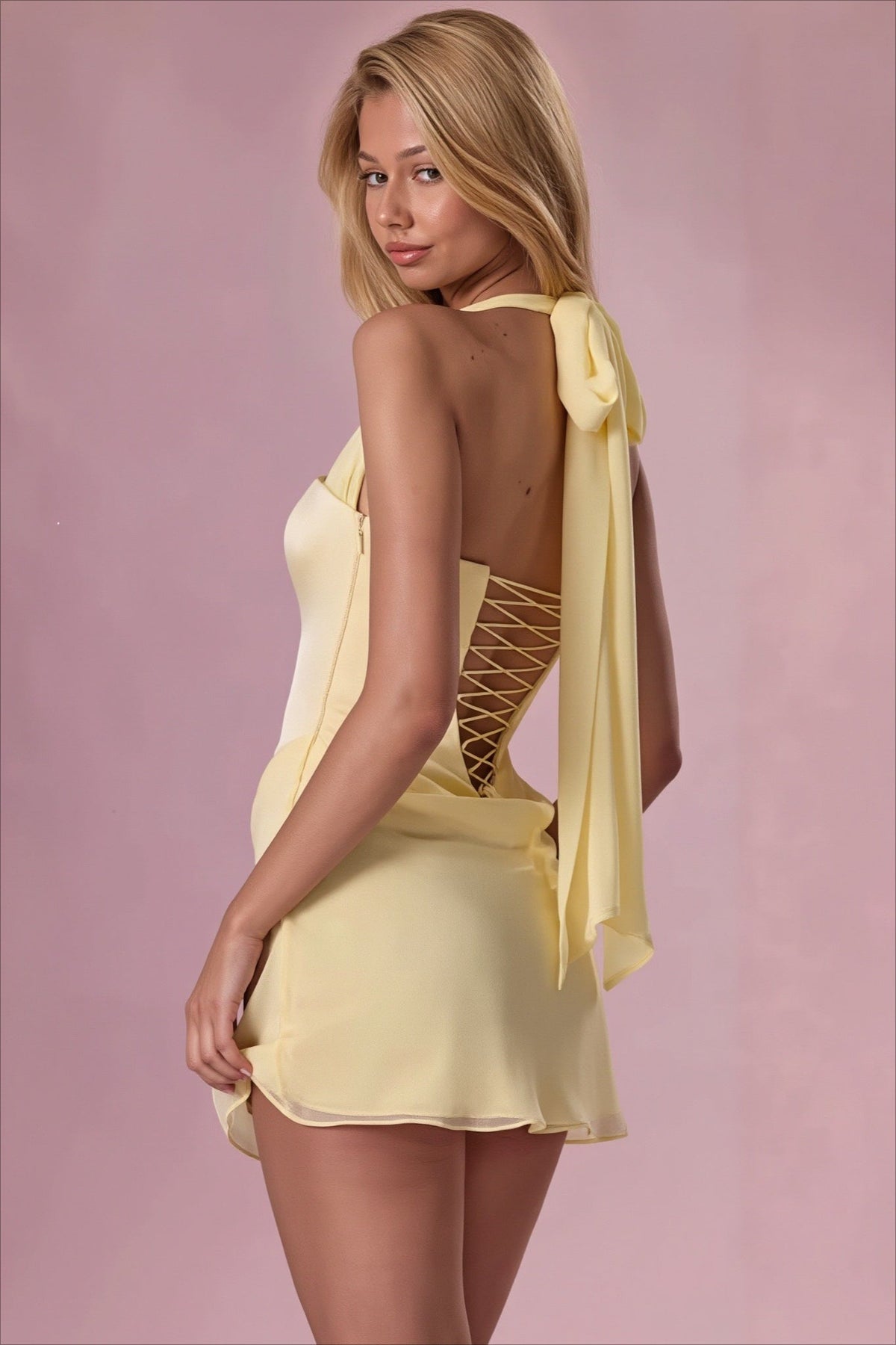 Halter Square Neck Corset Bodice Draped Chiffon Overlay Mini Dress 2