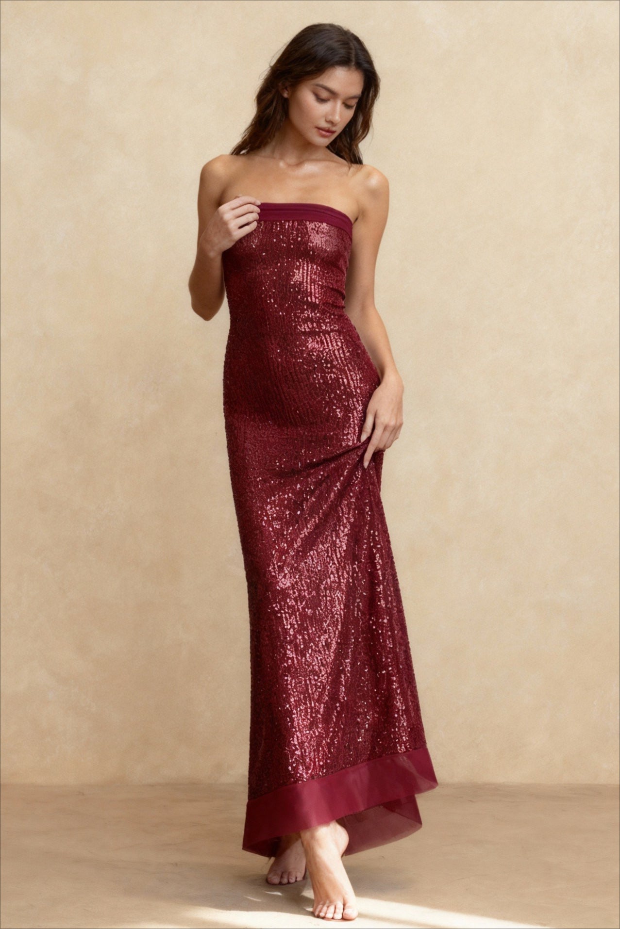 Refined Bandeau Slim Split Backless Maxi Sequin Dress