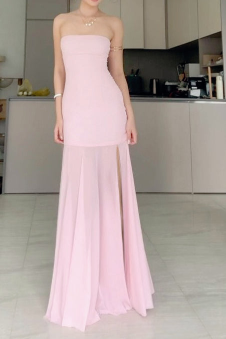Strapless Sheer High Split Bodycon Maxi Dress - View 6