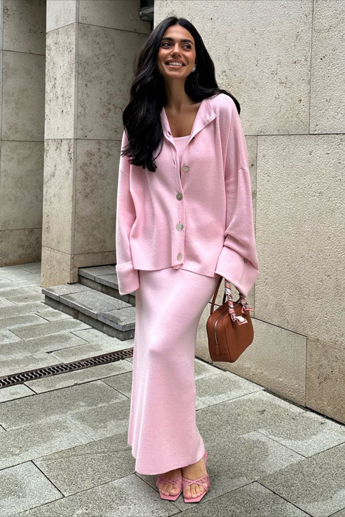 Collared Button Front Cuffed Sleeve Cardigan and Knit Maxi Skirt Two Piece Set
