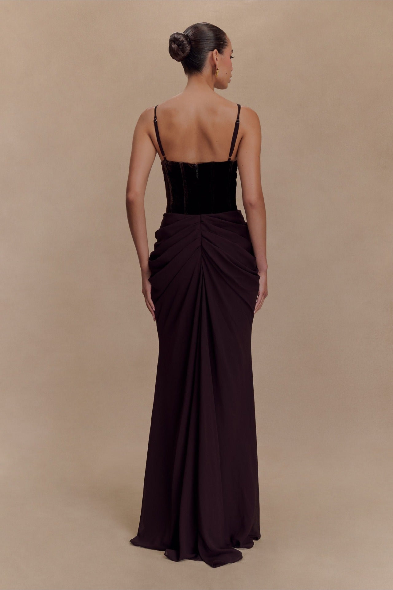 Velvet Corset Bustier Mesh Panel Maxi Gown