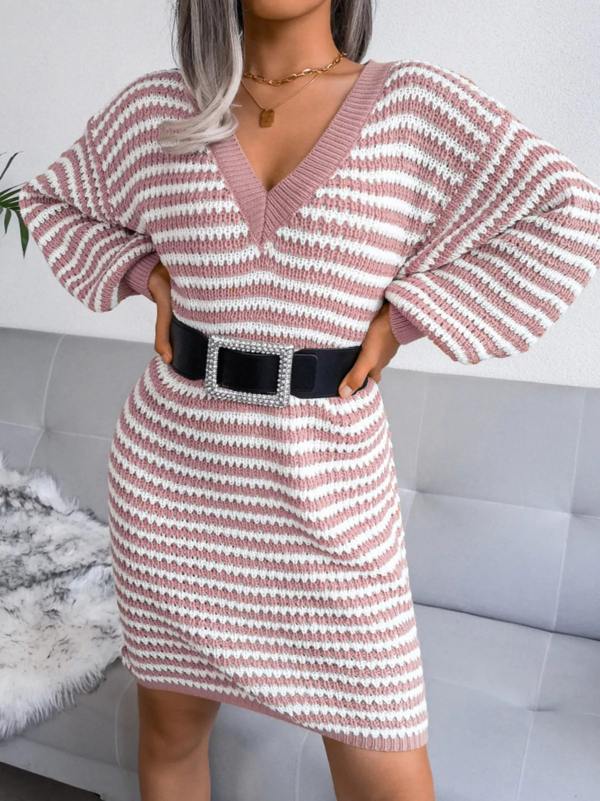 Striped Knit V-Neck Balloon Sleeve Oversized Sweater Dress 6