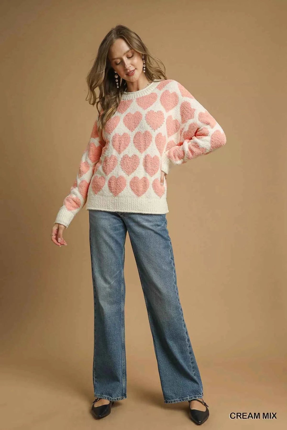 Heart Pattern Crew Neck Long Sleeve Fuzzy Knit Sweater 5