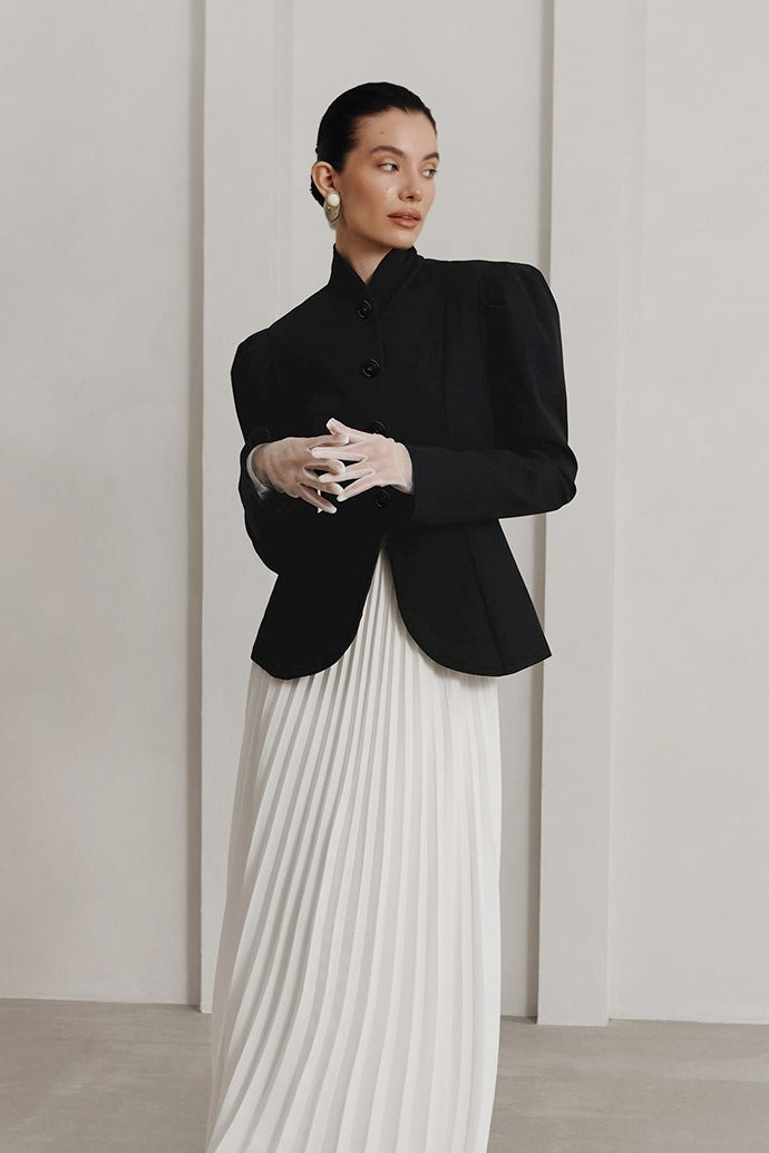 Stand Collar Puff Shoulder Long Sleeve Fitted Curved Hem Blazer 2