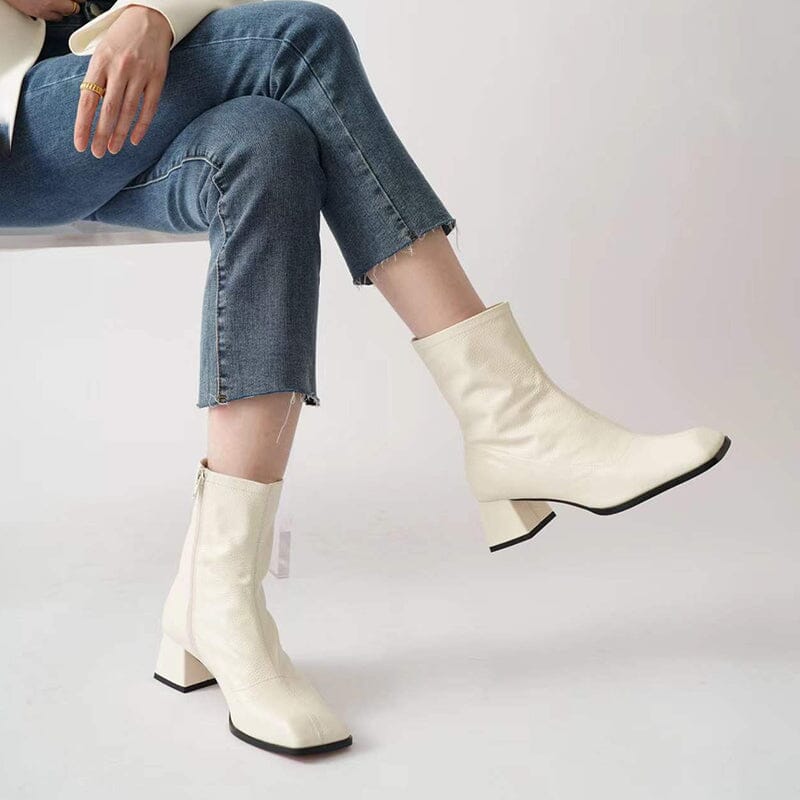 Classic Nude Leather Boots Elegant Glove-Like Ankle Boots High Heel Side Zipper Boots