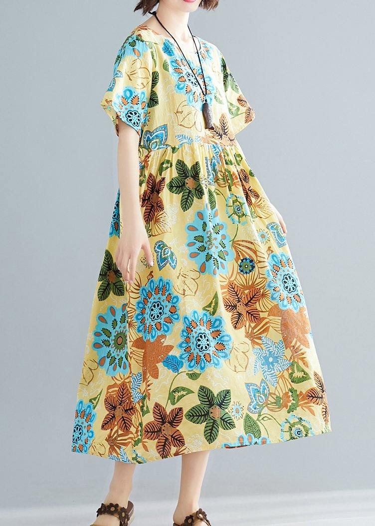 Floral Print Round Neck Short Sleeve Babydoll Gathered Waist Midi Dress